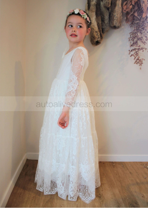 Long Sleeves Ivory Lace Vintage Flower Girl Dress